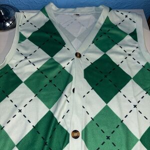 Green and White Argyle Button Vest